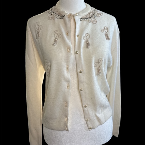 Cream Cardigan with Beaded Embellishments 1960s White Beaded Cardigan - Picture 1 of 4